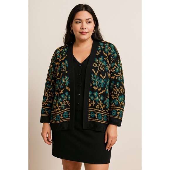 Sweaters - Vintage Women's Bright Lights Floral Knit Open Front Cardigan – 1970s–1980s